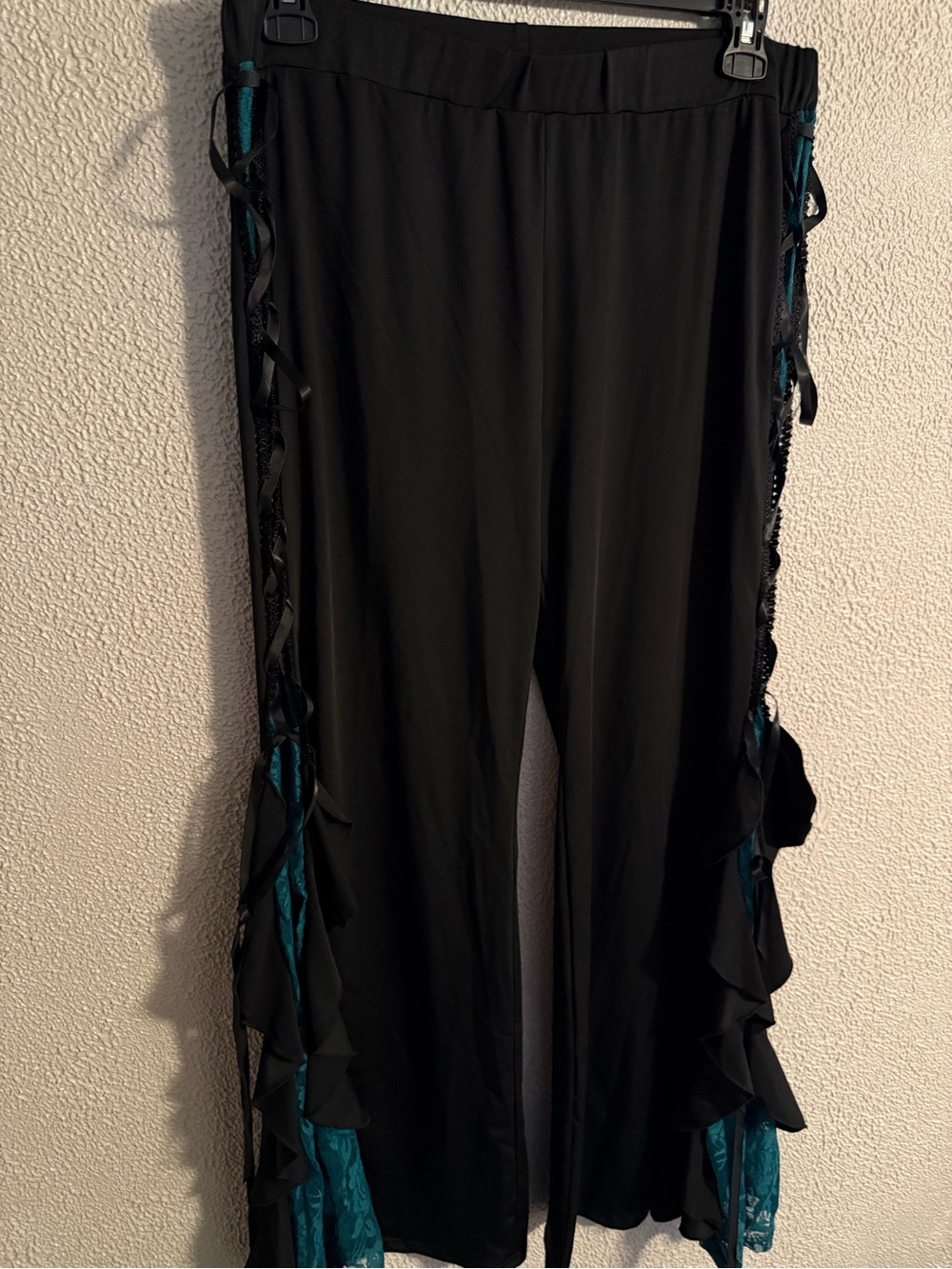 Black Wide-Leg Lace-Up Ruffle Trim Pants